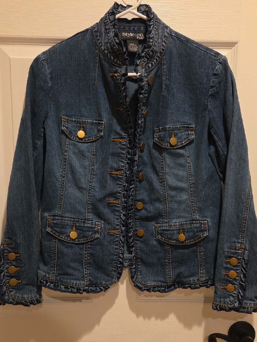Style & Co. Ruffled Navy Blue Denim Button Jacket